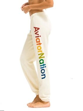 Aviator Nation Cream Joggers with Rainbow Logo